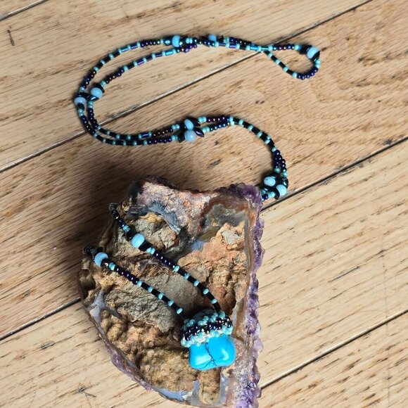 Native American Handcrafted Genuine Turquoise Pendant 28" Necklace Glass AB Bead - Picture 2 of 7